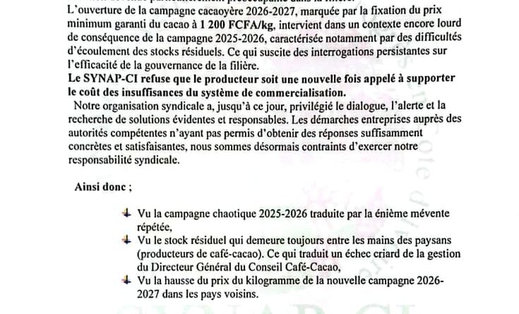 le préavis de grève du SYNAP-CI