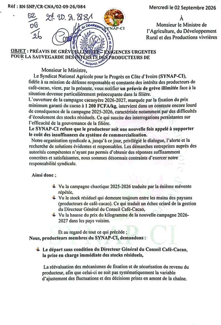 Après la fixation du prix du cacao à 1 200 FCFA : Le SYNAP-CI met ses menaces à exécution