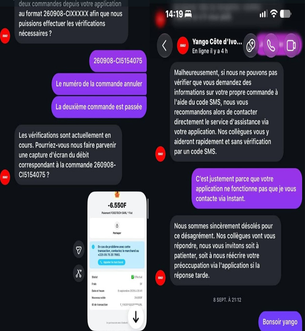 Yango Côte d’Ivoire – Tarifs contestés, commande débitée et menaces : le service client tourne en rond